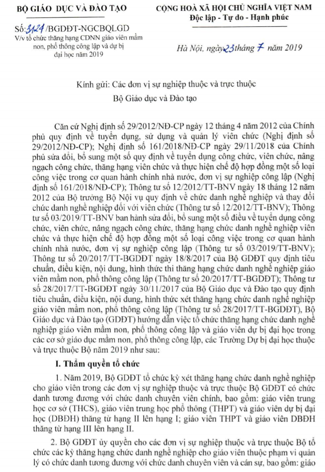 Công văn 3124/BGDĐT 2019 về tổ chức thăng hạng giáo viên mầm non, phổ thông công lập và dự bị đại học năm 2019